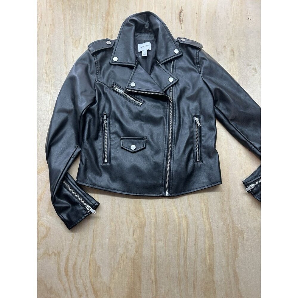 Nine West XS Faux Leather Motorcycle Jacket Grunge Fairy Zips‎ Buttons Silver